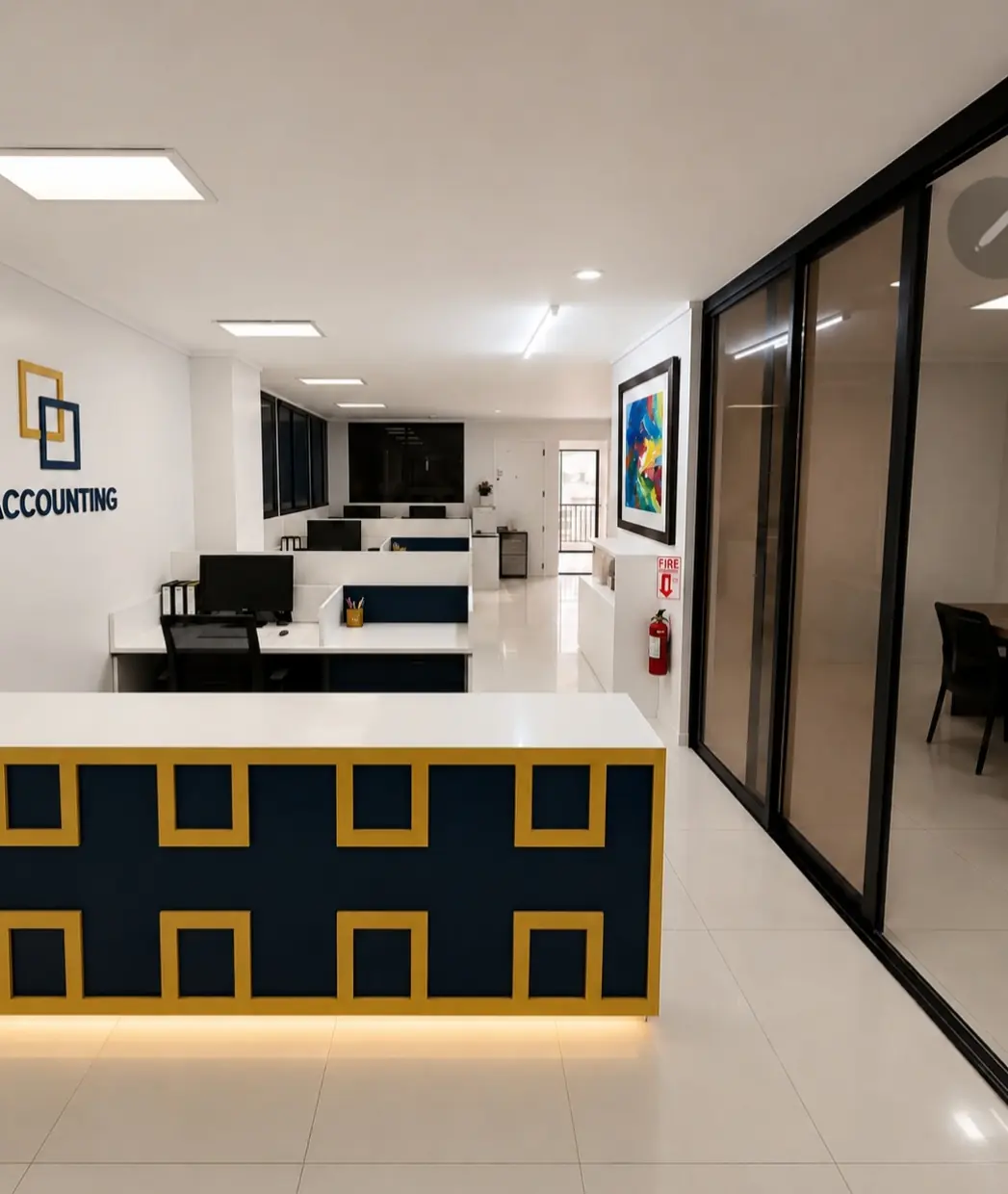 The accounting floor, with the Accounting wall mark and open workstations behind a navy and gold counter