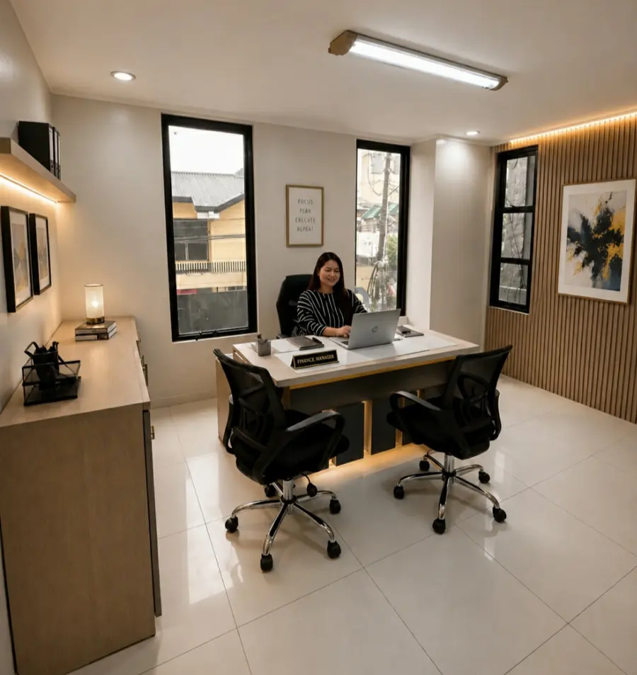 The Finance Manager's office, with desk, meeting chairs and framed artwork