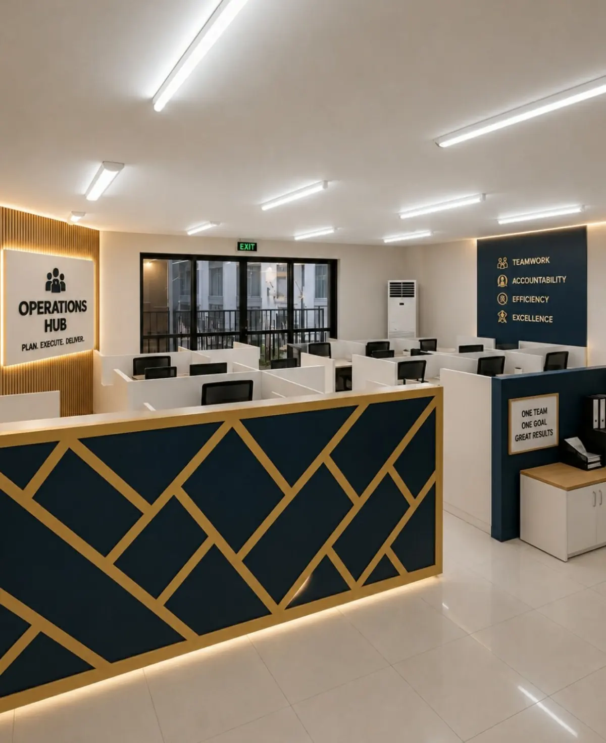 The operations hub floor, with workstations and a values wall in navy and gold