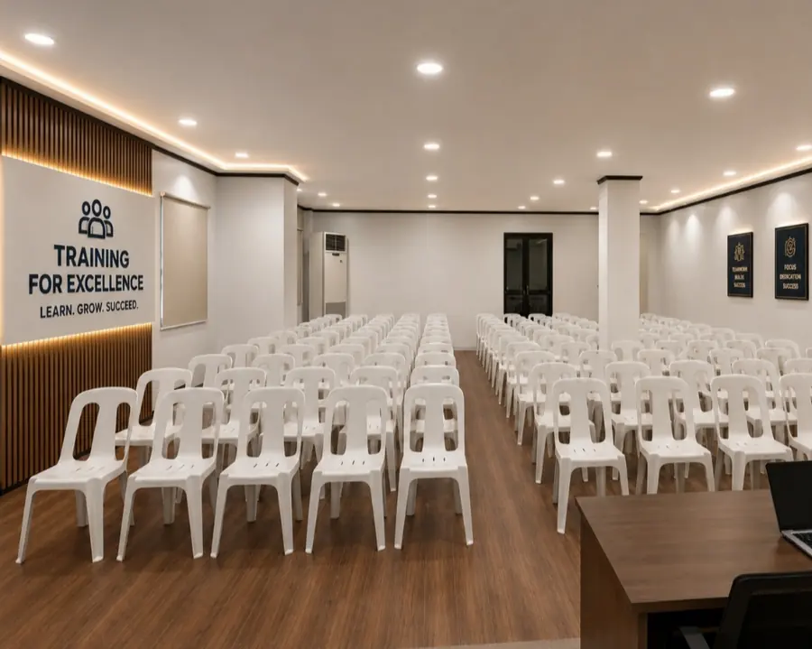 The training room from the facilitator's end, showing its full seating capacity