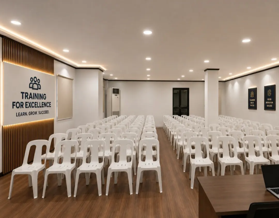 The training room laid out in rows facing a Training for Excellence wall